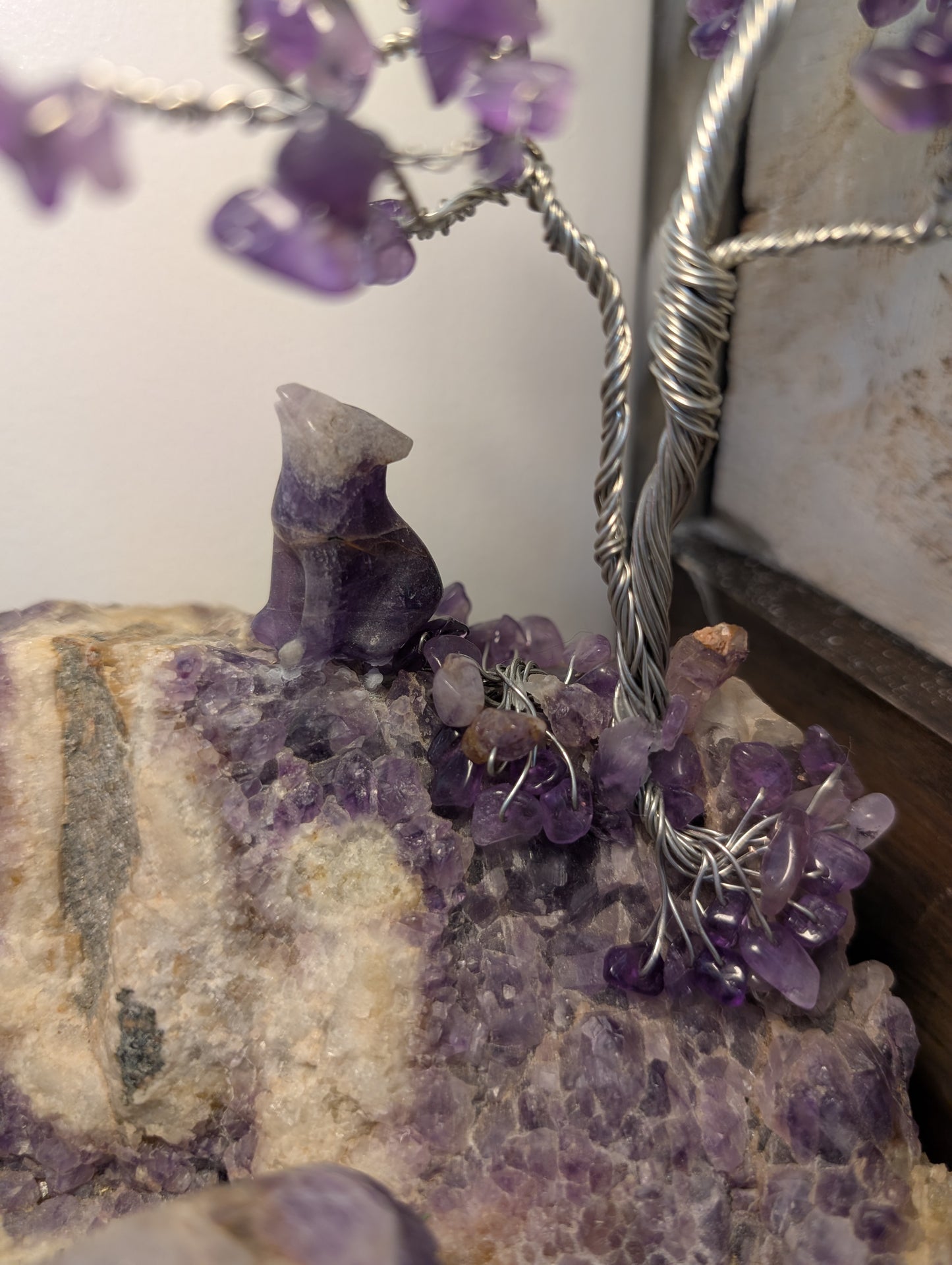 Handcrafted by Us, Amethyst Natural Crystal, Bear, Wolf and Silver Amethyst Tree